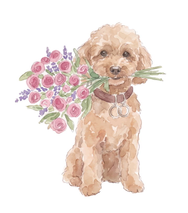 Unser Hund mit Blumenstrauß